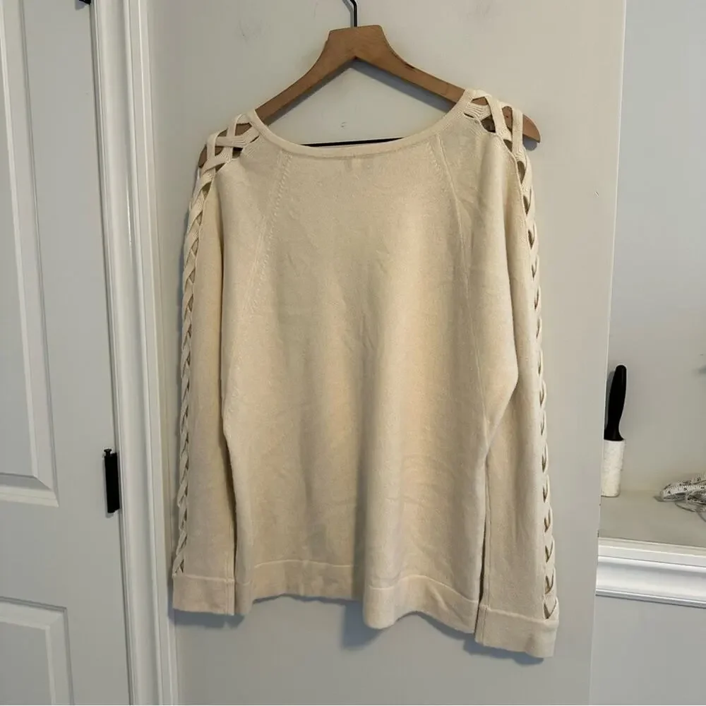 Kinross Cashmere Cream White Cross Hatch Sleeve Sweater XL